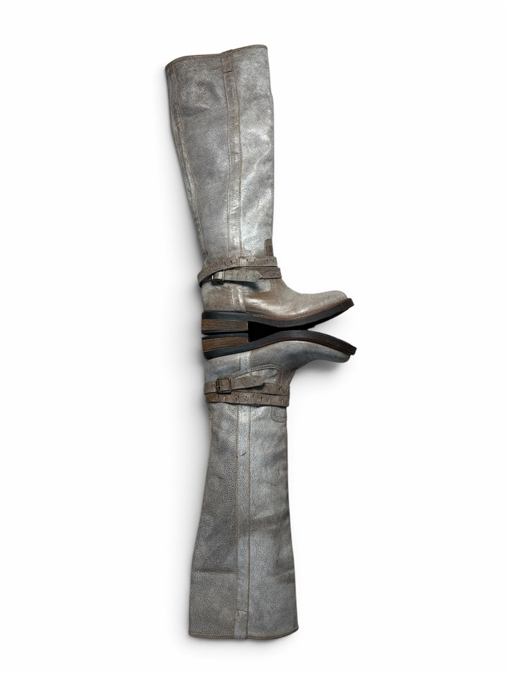 Steve Madden Women’s 8.5 Metallic Taupe Leather Knee High Buckle Riding Boots